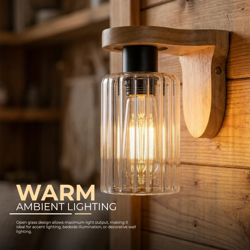 Wandleuchte aus Holz mit E27-Fassung und geripptem Glas – Vintage-Lampe für den Innenbereich~3696