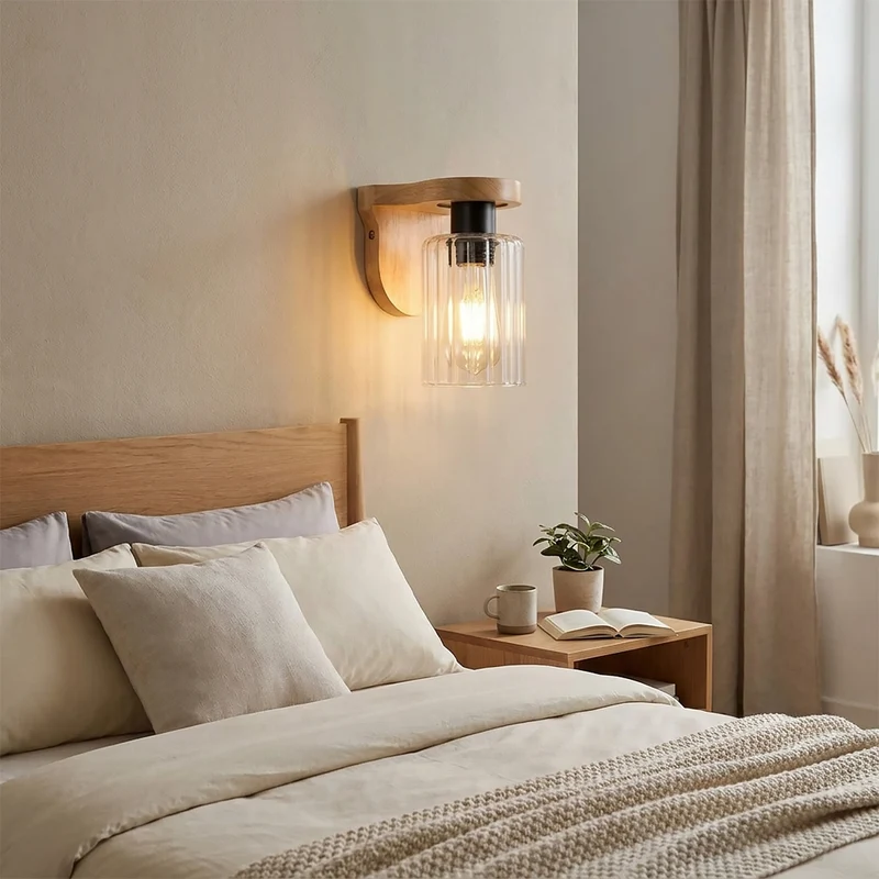 Wandleuchte aus Holz mit E27-Fassung und geripptem Glas – Vintage-Lampe für den Innenbereich~3696