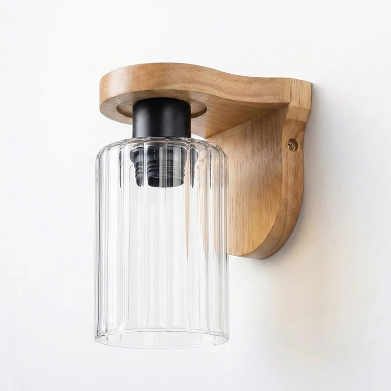 Wandleuchte aus Holz mit E27-Fassung und geripptem Glas – Vintage-Lampe für den Innenbereich~3696
