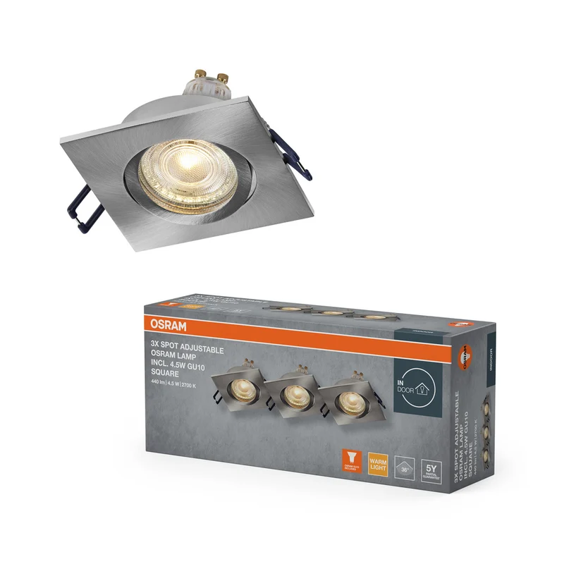 OSRAM LED Spot Recess Einbaustrahler Set GU10 schwenkbar Square Click 4.5W 827 Satin-Nickel ⌀68 mm