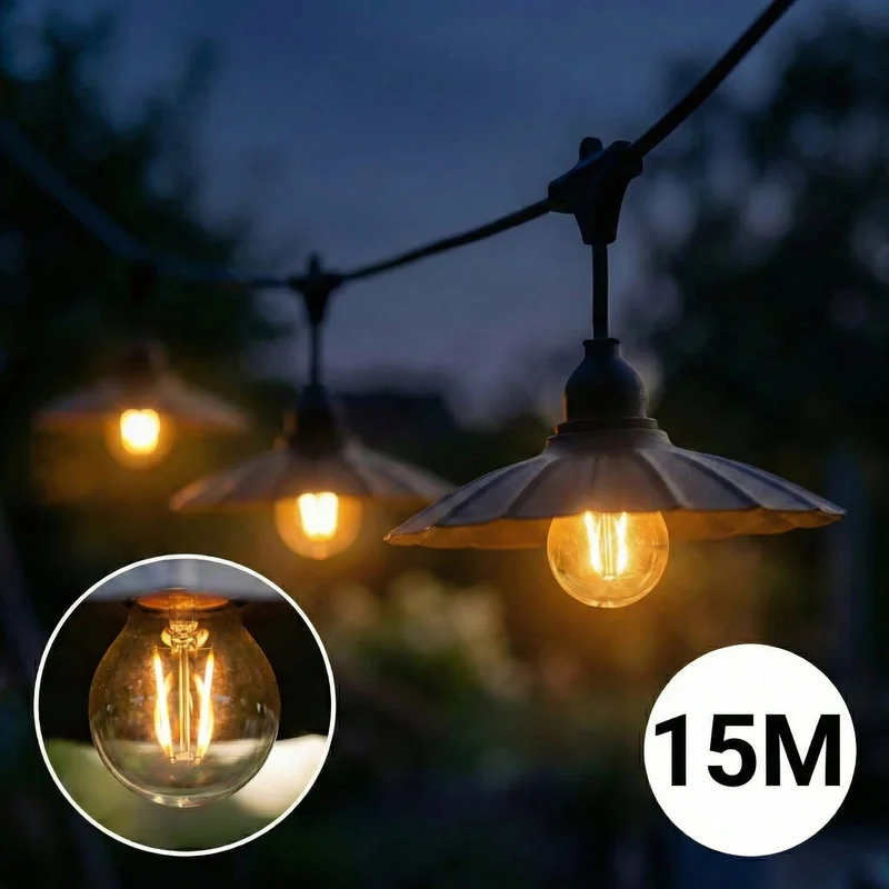 Komplette Lichterkette mit 15 Lampenschirmen | 15 Meter | Muschelform | Verkettbar | E27 | Inkl. 1-W-Glühbirnen