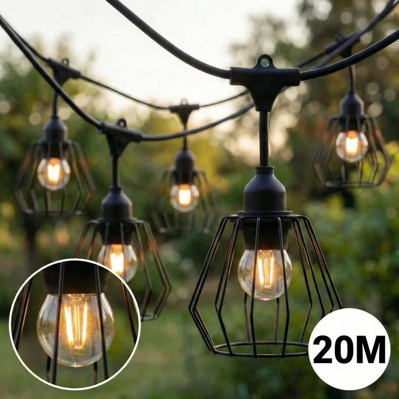 Komplette Lichterkette mit 20 Lampenschirmen | 20 Meter | Industrielampenschirm | Verkettbar | E27 | Inkl. 1-W-Glühbirnen