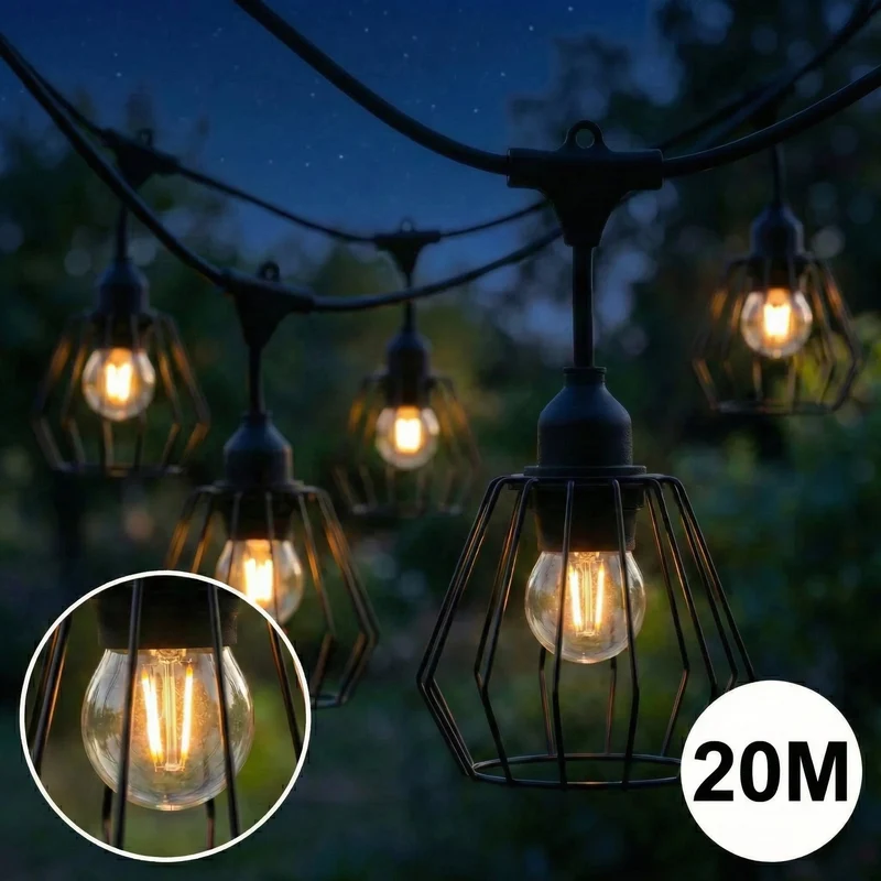 Komplette Lichterkette mit 20 Lampenschirmen | 20 Meter | Industrielampenschirm | Verkettbar | E27 | Inkl. 1-W-Glühbirnen