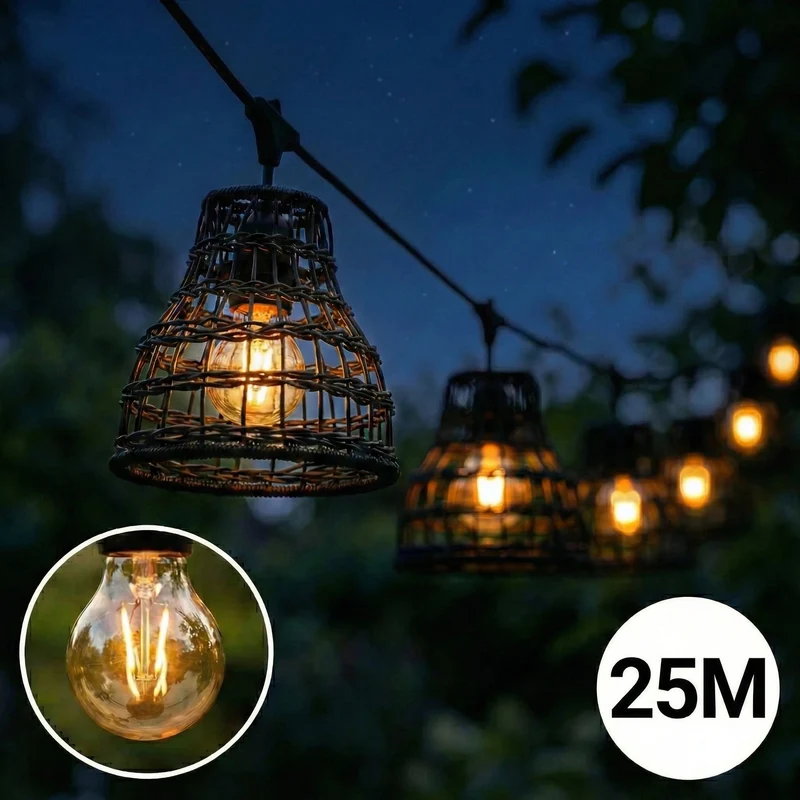 Komplette Lichterkette mit 25 Lampenschirmen | 25 Meter | Schwarzer Bambus | Verbindbar | E27 | Inklusive 1-Watt-Glühbirnen