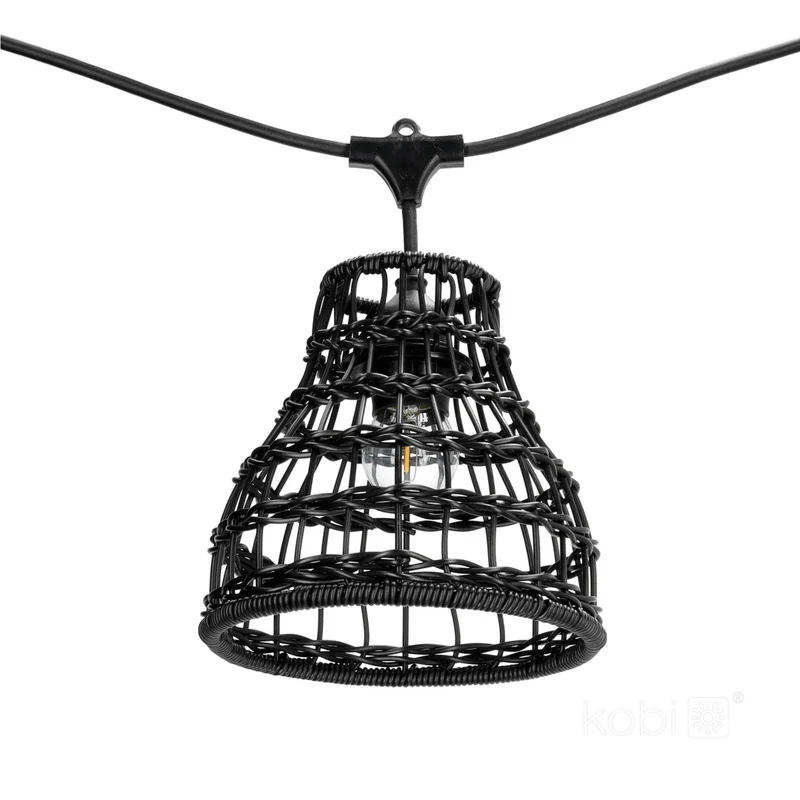 Komplette Lichterkette mit 25 Lampenschirmen | 25 Meter | Schwarzer Bambus | Verbindbar | E27 | Inklusive 1-Watt-Glühbirnen