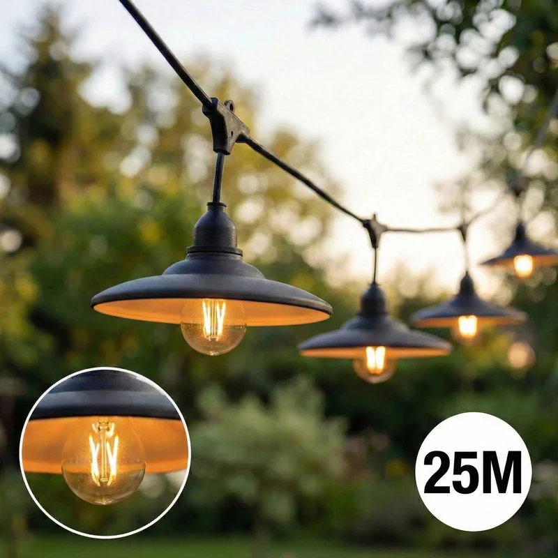 Komplette Lichterkette mit 25 Lampenschirmen | 25 Meter | Schwarzer Lampenschirm | Verkettbar | E27 | Inkl. 1-W-Glühbirnen