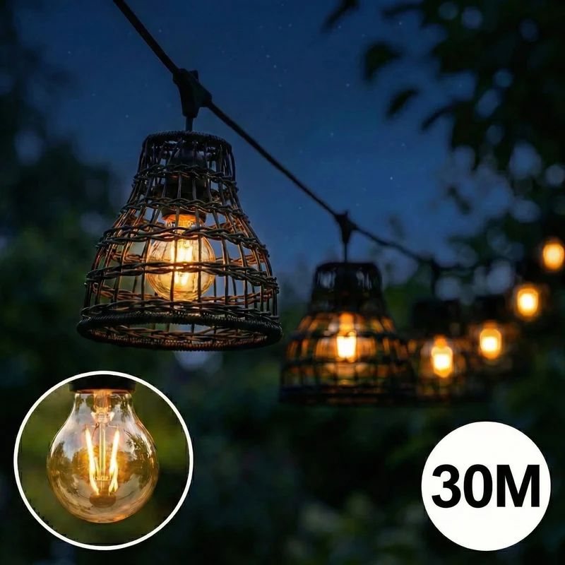 Komplette Lichterkette mit 30 Lampenschirmen | 30 Meter | Schwarzer Bambus | Verbindbar | E27 | Inklusive 1-Watt-Glühbirnen