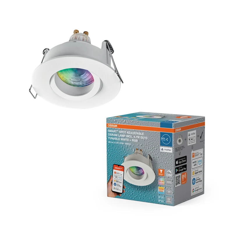 OSRAM Matter SMART+ LED smarter Einbauspot Bad GU10 IP65 schwenkbar 4.7W RGBW Weiß ⌀68 mm