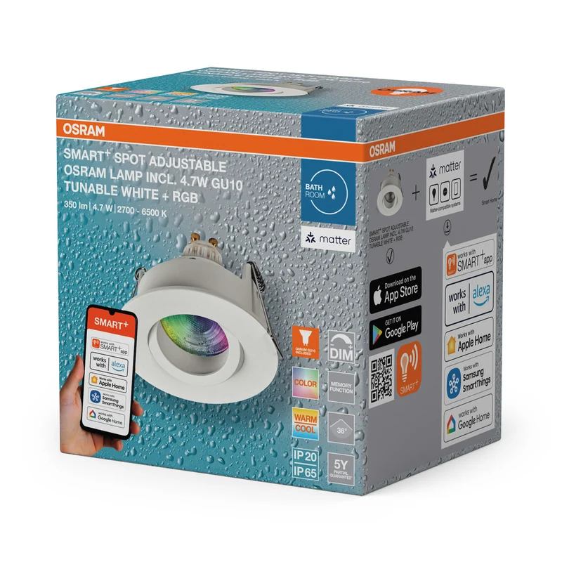 OSRAM Matter SMART+ LED smarter Einbauspot Bad GU10 IP65 schwenkbar 4.7W RGBW Weiß ⌀68 mm