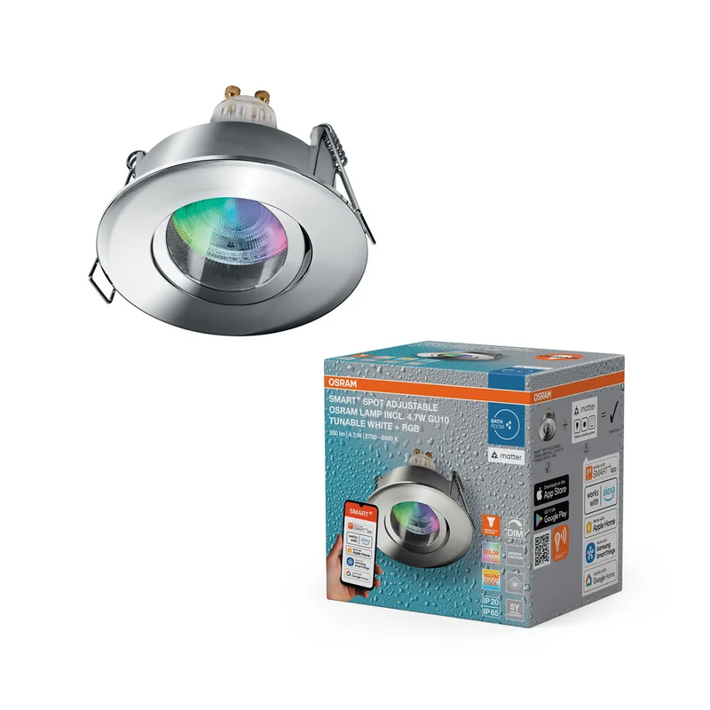 OSRAM Matter SMART+ LED smarter Einbauspot Bad GU10 IP65 schwenkbar 4.7W RGBW Chrom ⌀68 mm