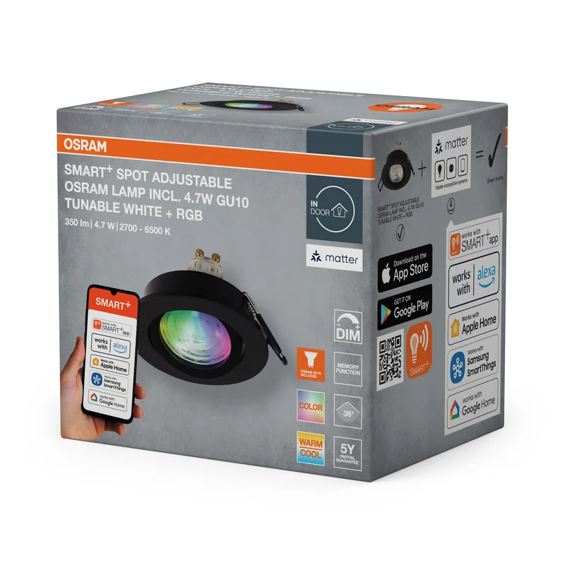 OSRAM Matter SMART+ LED smarter Einbauspot Bad GU10 schwenkbar 4.7W RGBW Schwarz ⌀68 mm
