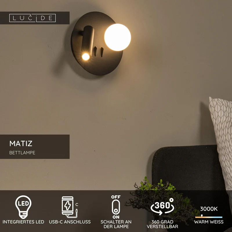 LED-Leseleuchte Matiz schwenkbar mit USB-Ladeanschluss rund