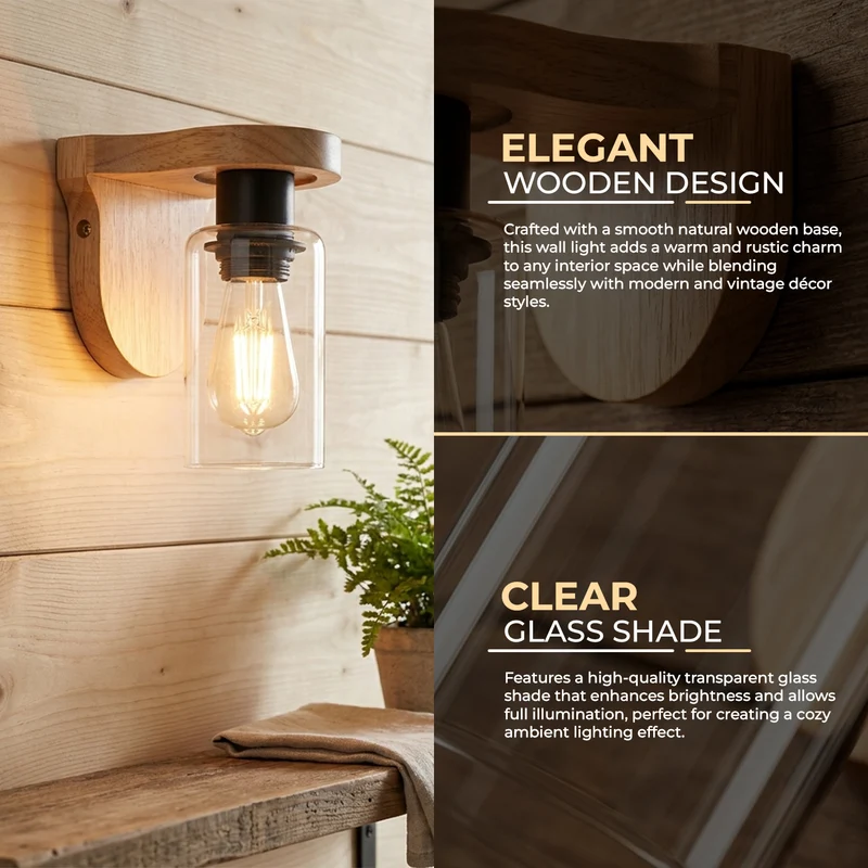 Skandi Holz Wandleuchte mit Klarglas – E27 Vintage Wandlampe für Landhaus ~3697
