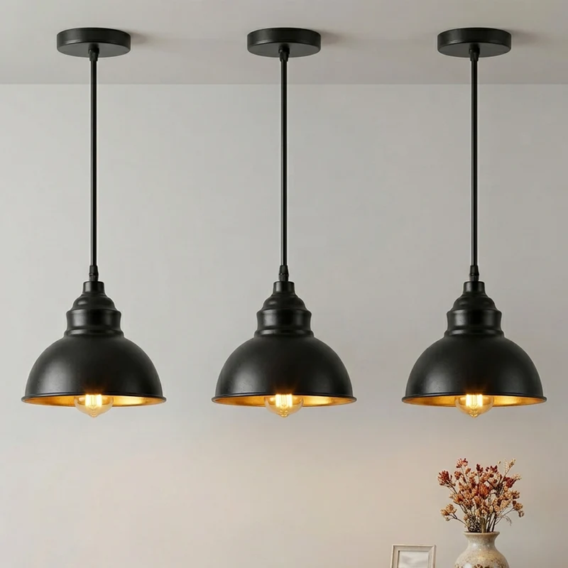 Industrie Hängelampe Schwarz Gold | Küche Esstisch Leuchten (1er/3er Set)~3725