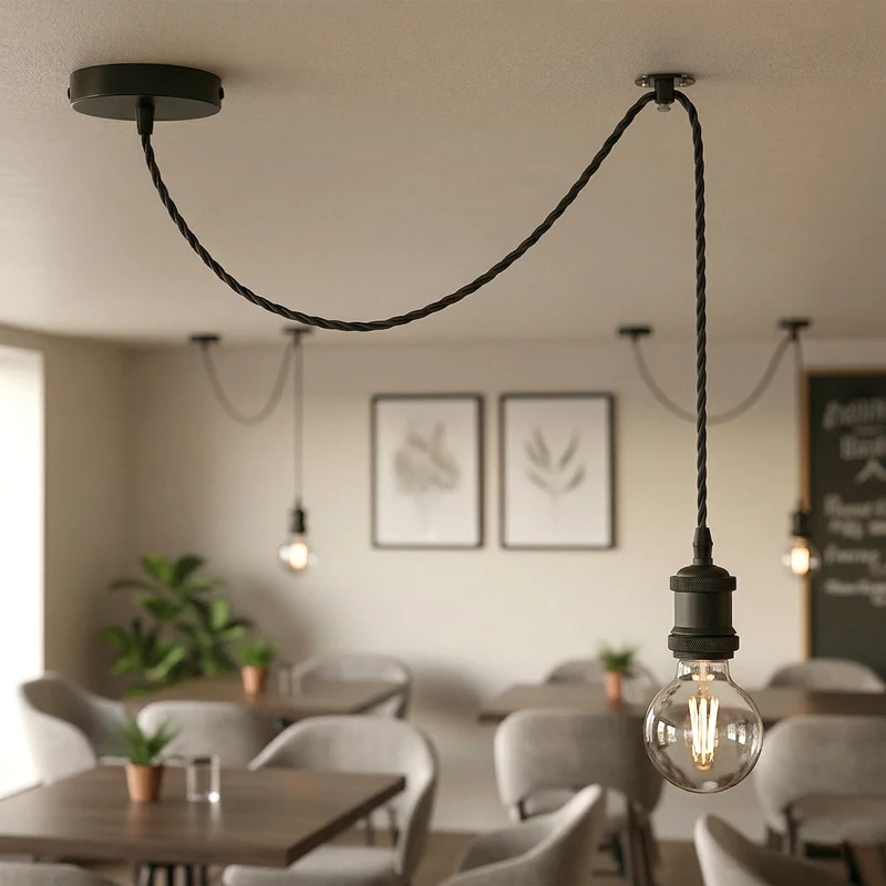 Industrielle Minimalistische schwarze Pendelleuchte mit E27-Glühbirne und kabel~3640