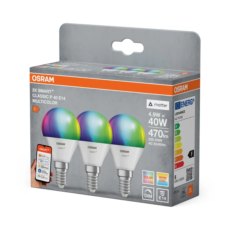 OSRAM SMART+ MATTER Classic shapes Multicolor in P-Form, LED-Lampe, Matt, 4,9 W, 470 lm, von 2700 bis 6500 K, Matter, Smartspeaker-Kompatibel, Dimmbar
