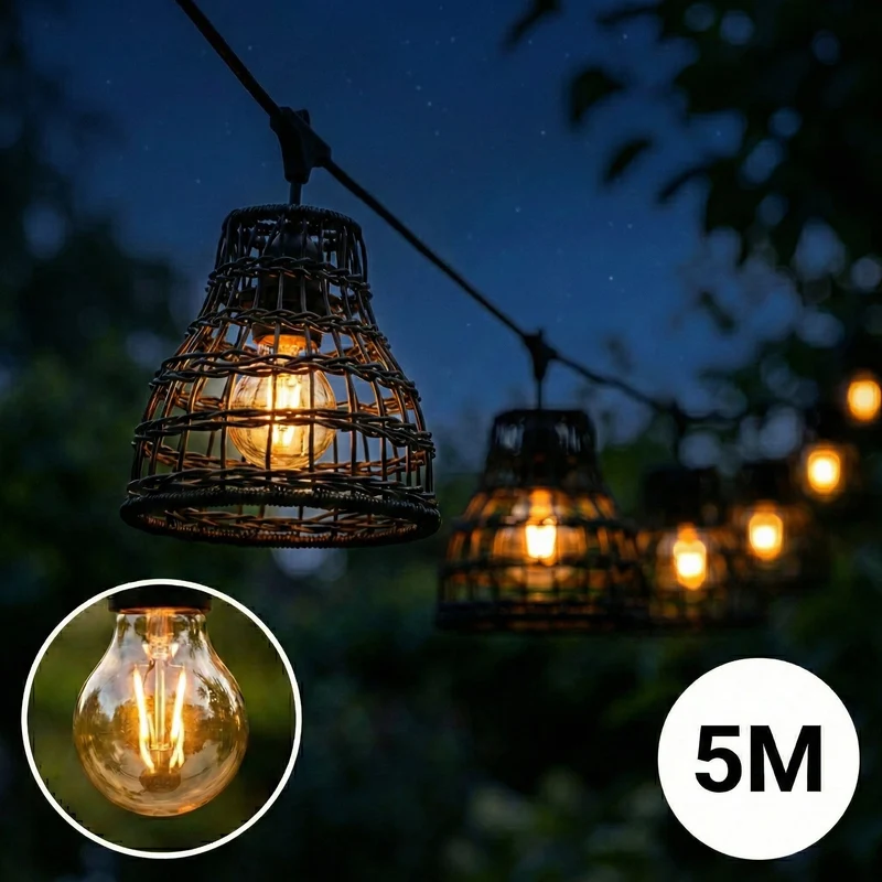 Komplettes Pinkabel mit 5x Lampenschirmen | 5 Meter | Bambus schwarz | Anschließbar | E27 | inkl. 1W-Lampen