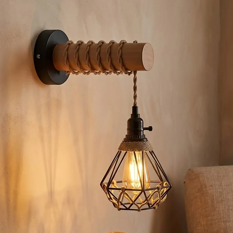Vintage Wandleuchte Holz – Industrie Seillampe Käfig Wandlampe | E27 ~3631