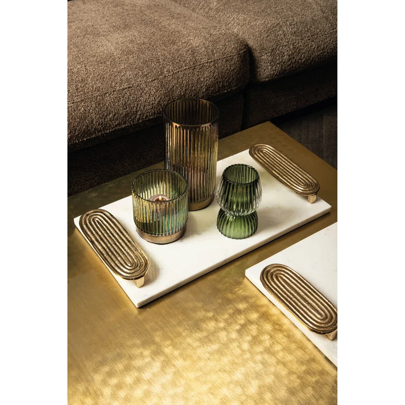 Windlicht – Geripptes Design, Runde Form, Glas Metall Material, Grün, L – Kyden | PTMD