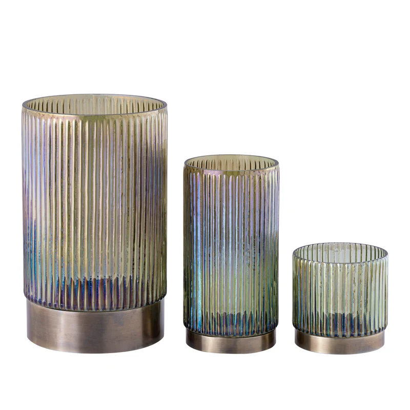 Windlicht – Geripptes Design, Runde Form, Glas Metall Material, Grün, L – Kyden | PTMD