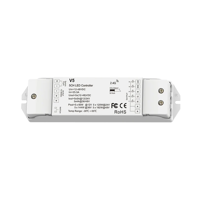Großer RGB+CCT LED-Controller 12–48 V, 5-Kanal – RF 2,4 GHz