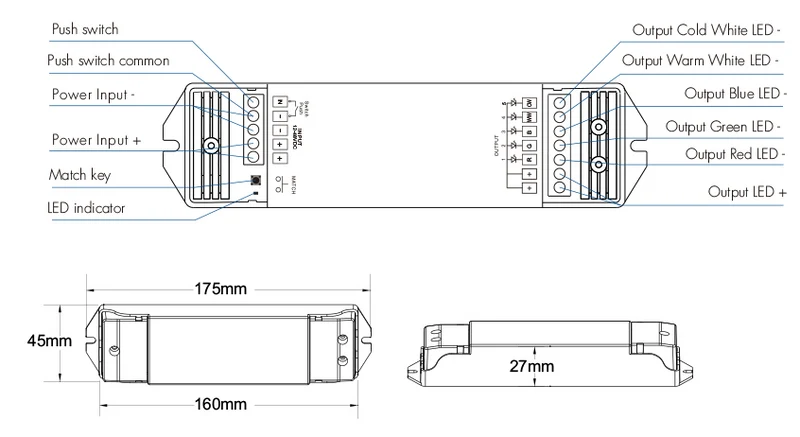 Großer RGB+CCT LED-Controller 12–48 V, 5-Kanal – RF 2,4 GHz
