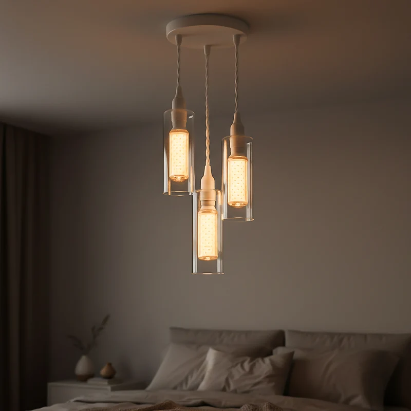 3-flammiges Pendelleuchten-Set aus klarem Glas, E14-LED, 1 m weißes Kabel~3772
