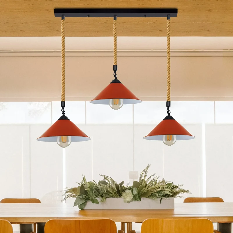 3-flammige Hanfseil-Hängelampe im Bauernhaus-Stil-Nachhaltig ~3780