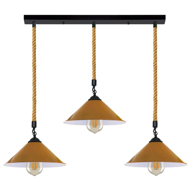 3-flammige Hanfseil-Hängelampe im Bauernhaus-Stil-Nachhaltig ~3780