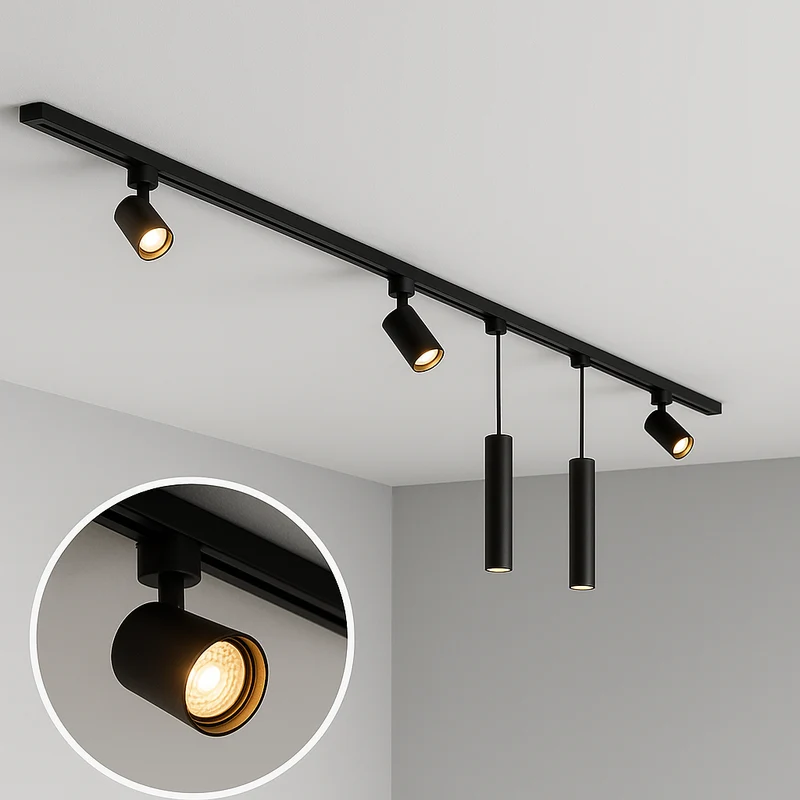 1-Phasen-Schienenleuchte | Schwarz | 200 cm | Inkl. 3 Spots | 2 Pendelleuchten | I-Form
