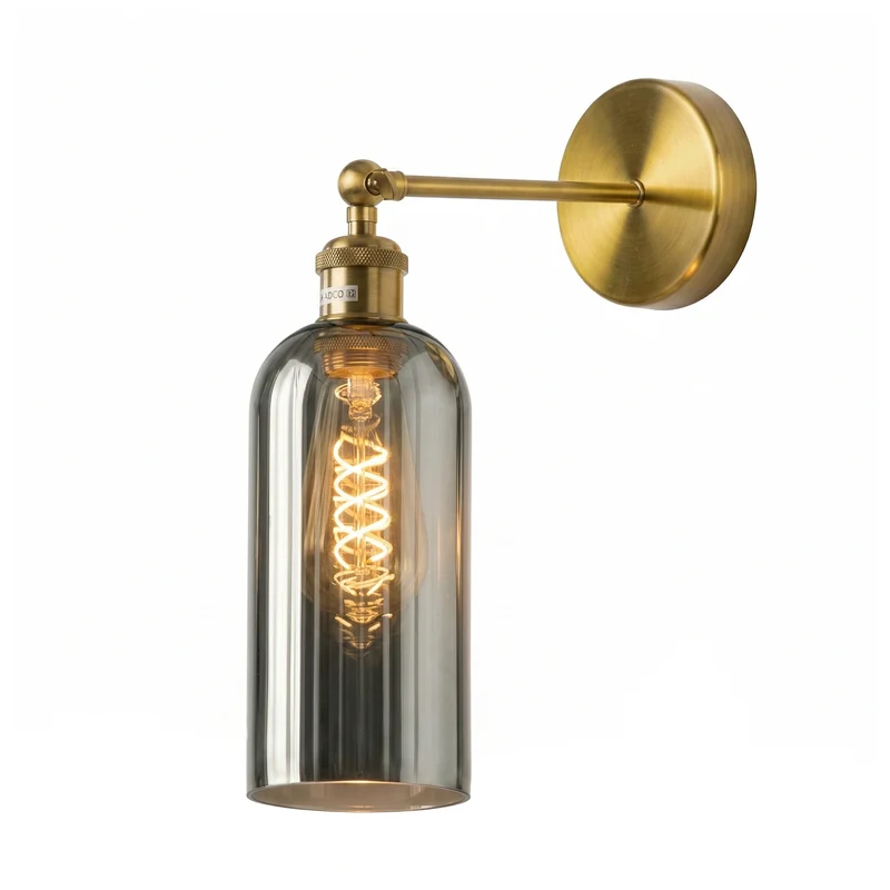 Vintage Verstellbare Wandleuchte Rauchglas | Retro Wandlampe Messing E27~3658