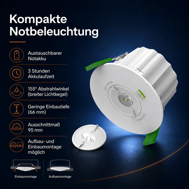 Einbau-Notbeleuchtung | 1.6W | IP20 | Weiß | 300lm | Ø95 | 3 Stunden Notstrom