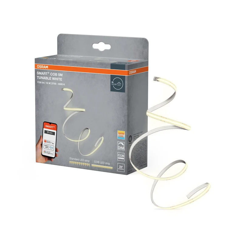 OSRAM Wifi SMART+ COB TUNABLE WHITE LED-Lichtstreifen, 5m, Tunable White, 1700lm, 18W, 2700-6500K, mit Fernbedienung