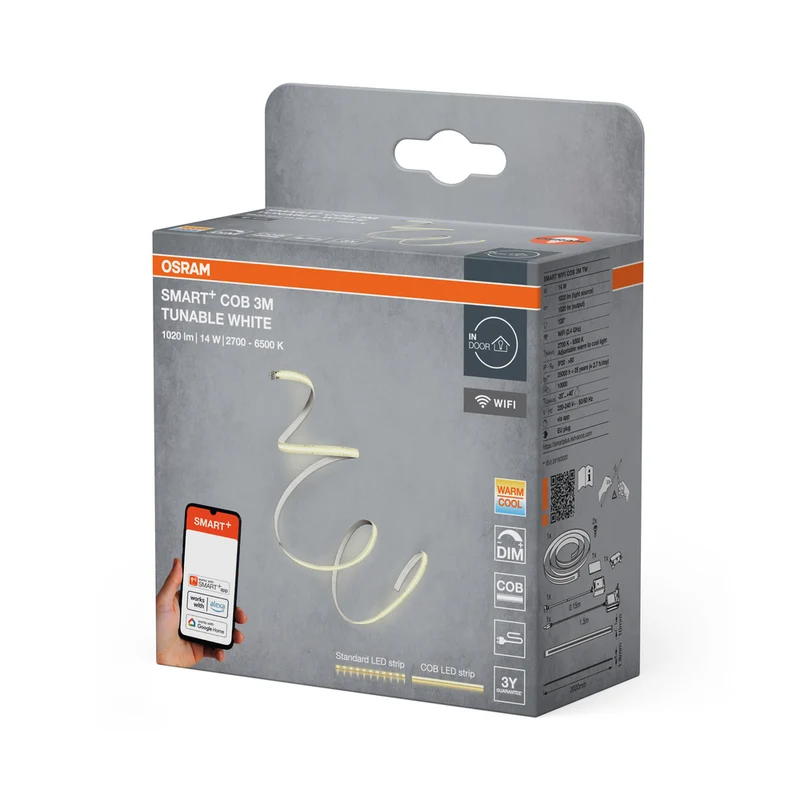 OSRAM Wifi SMART+ COB TUNABLE WHITE LED-Lichtstreifen, 3m, Tunable White, 1200lm, 14W, 2700-6500K