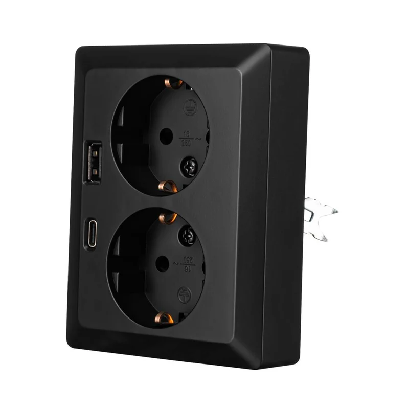 iON Industries Doppelsteckdose mit USB-A und USB-C | Halbe Oberflächenmontage | Schwarz