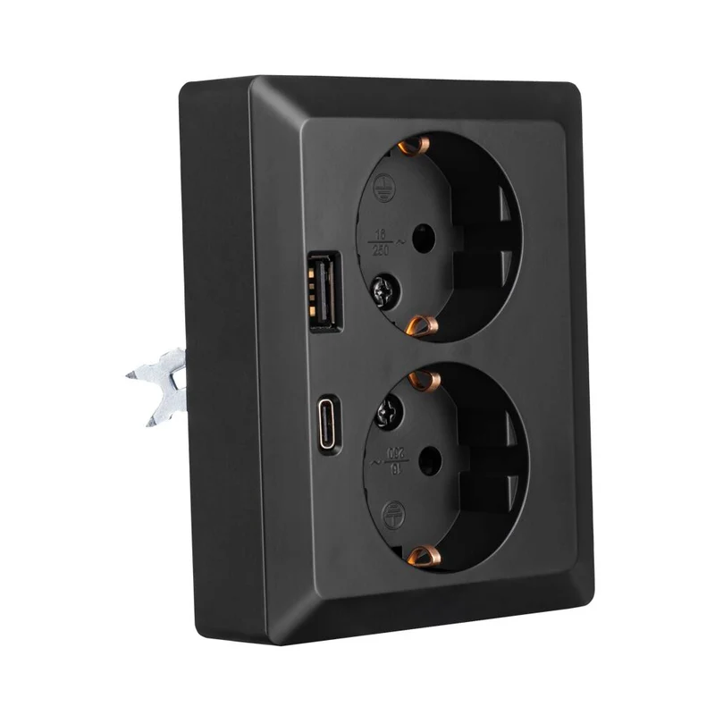 iON Industries Doppelsteckdose mit USB-A und USB-C | Halbe Oberflächenmontage | Schwarz