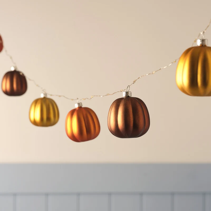 9er Metallik Kürbis LED-Mikro-Lichterkette mit Timer, Orange, Gelb & Braun