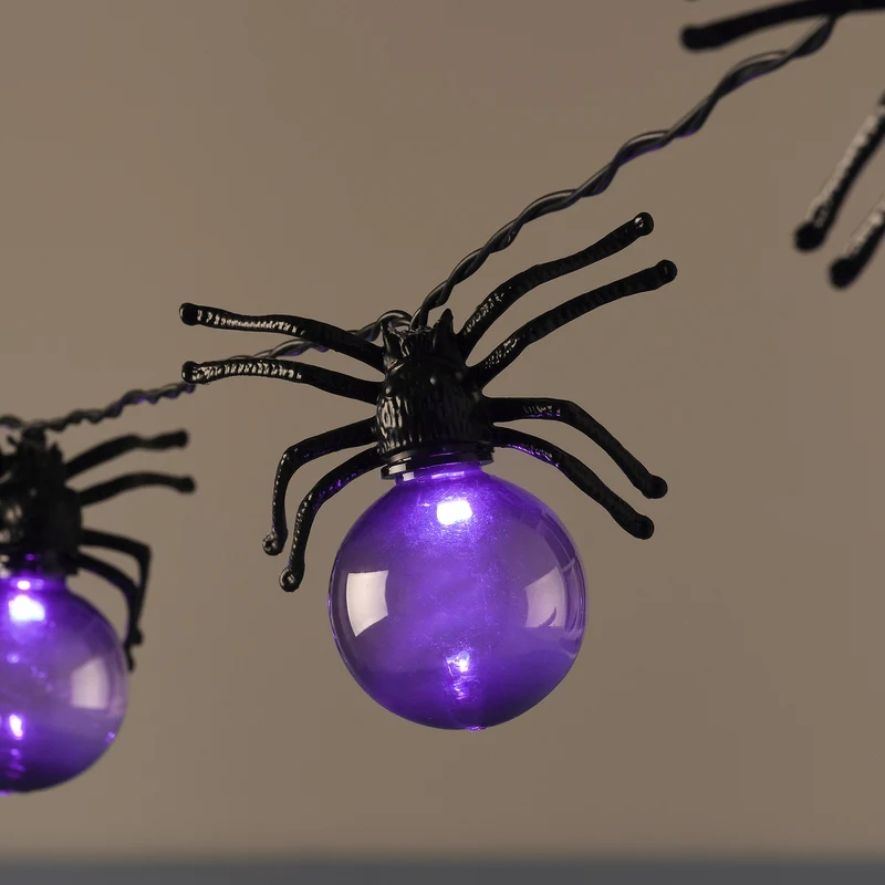 10er Spinnen lila LED-Lichterkette Halloween mit Timer