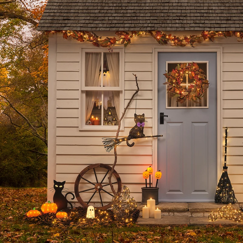LED-Halloween-Katze Caleb mit Gartenstecker für den Außenbereich