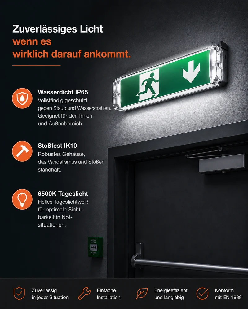 Notbeleuchtung | Schwarz | 3 Watt | IP66 | inkl. 4x Symbole