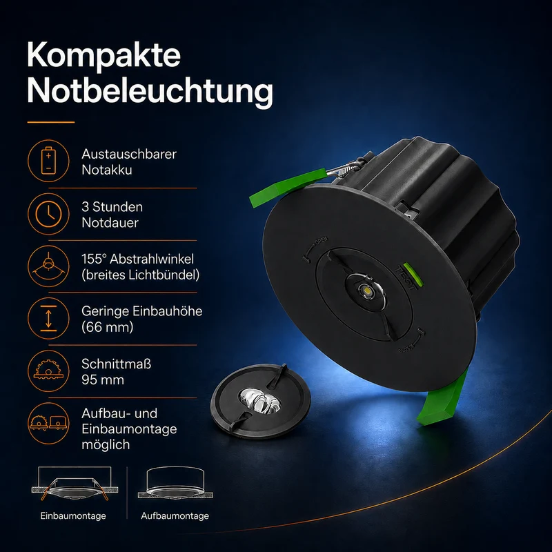 Notlicht-Einbaustrahler | 1,8 Watt | Schwarz | Ø92mm | inkl. Batterie