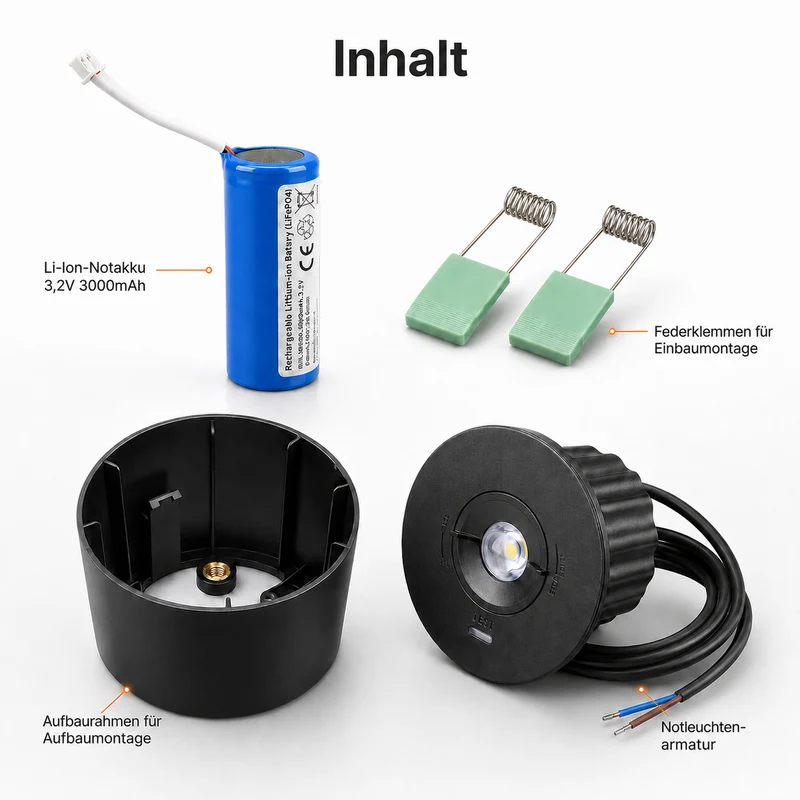 Notlicht-Einbaustrahler | 1,8 Watt | Schwarz | Ø92mm | inkl. Batterie