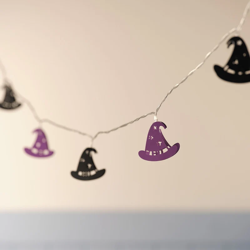 10er Halloween LED-Lichterkette mit Hexenhüten in Lila & Schwarz