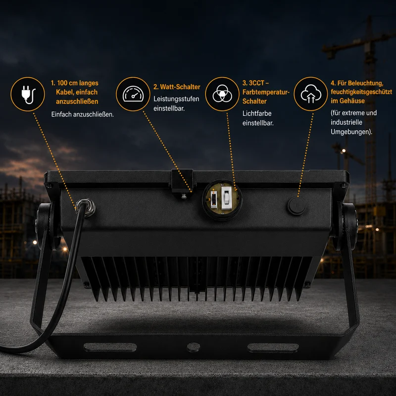 LED Industrielle Bauleuchte | Aurus | 180W, 240W, 300W Schalter | Schwarz | CCT Lichtfarbe einstellbar