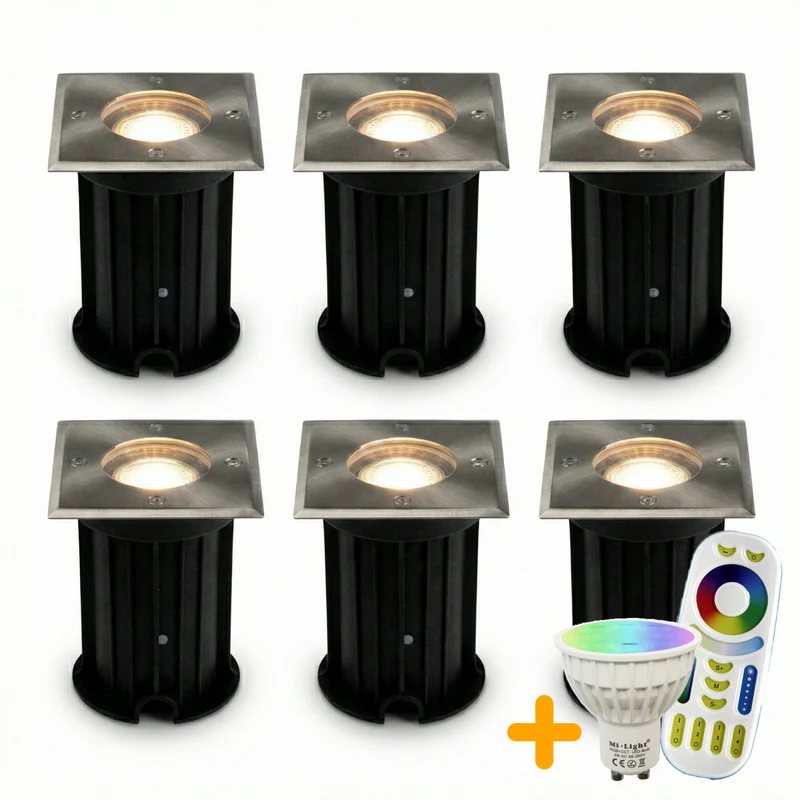 6-teiliges LED-Bodenstrahler-Set (GU10, quadratisch) mit RGBCCT-Lichtquelle und Fernbedienung, Edelstahl, Schutzart IP66