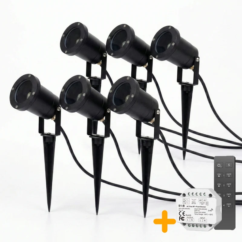 6-teiliges Set | Gartenstrahler GU10 | Komplettset | Inkl. 3x PHILIPS Strahler | Kabellos dimmbar mit Fernbedienung