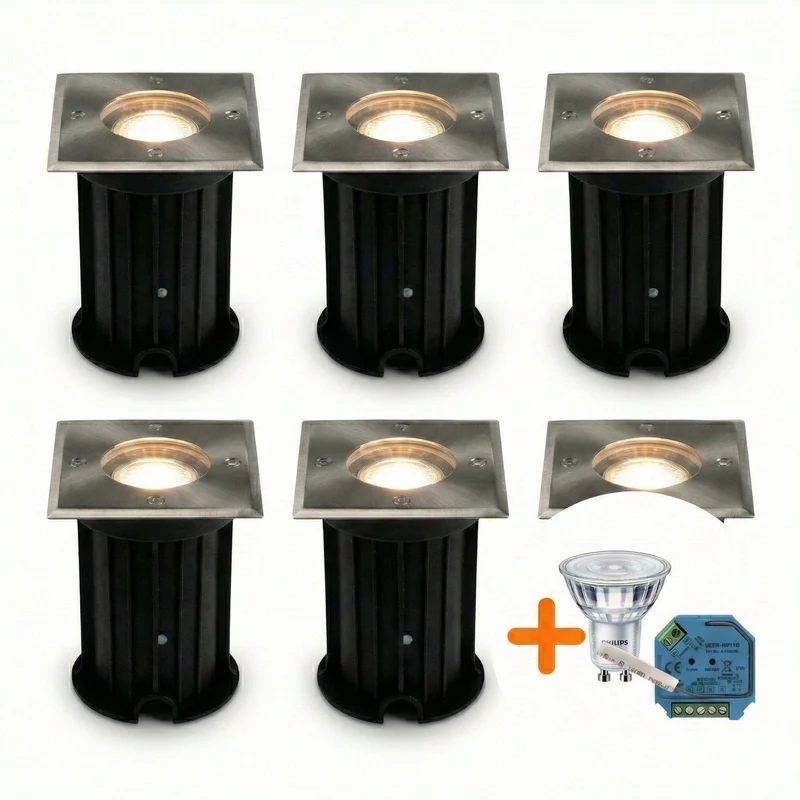 6-teiliges Smart-LED-Bodenstrahler-Set, GU10, quadratisch, Edelstahl, IP66, inkl. Philips-Lichtquelle, HUE-kompatibel