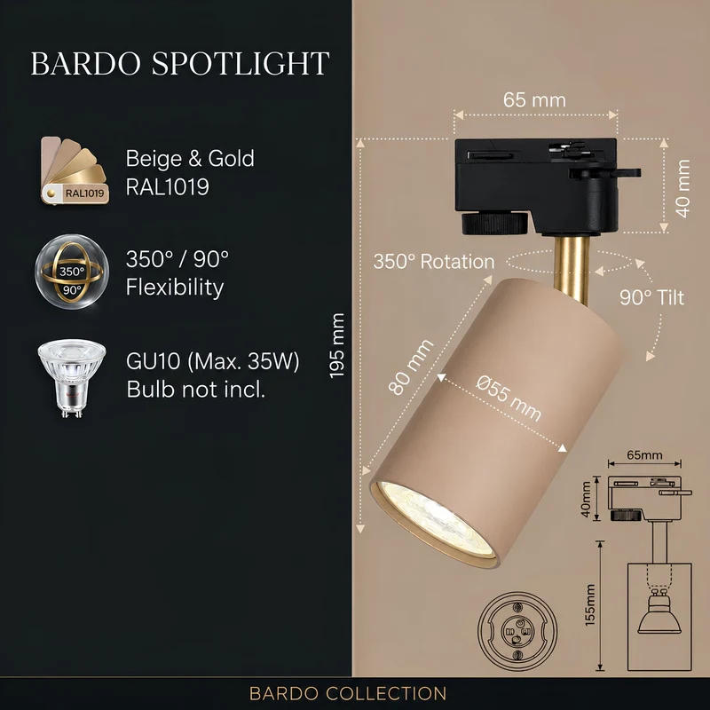 LED 1-Phasen-Schienenstrahler | Beige & Gold | GU10 Fassung | 55mm | BARDO