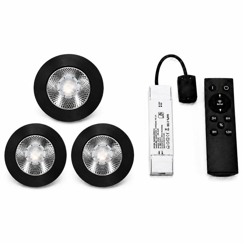 3x Baston LED Einbaustrahler Küche Ø55mm | dimmbare Küchenbeleuchtung | Unterbauleuchte Küche & Schrankbeleuchtung | 2700K | inkl. Fernbedienung | 3W | Schwarz