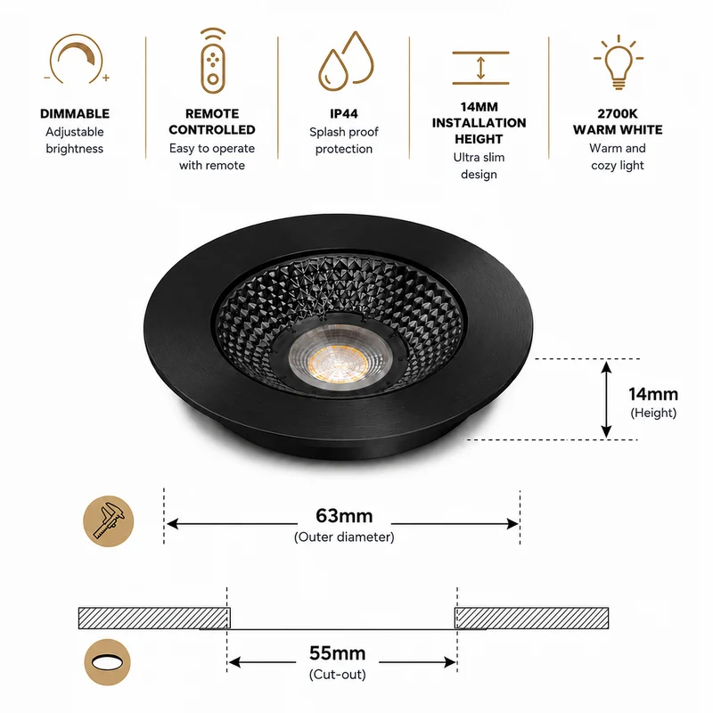 3x Baston LED Einbaustrahler Küche Ø55mm | dimmbare Küchenbeleuchtung | Unterbauleuchte Küche & Schrankbeleuchtung | 2700K | inkl. Fernbedienung | 3W | Schwarz